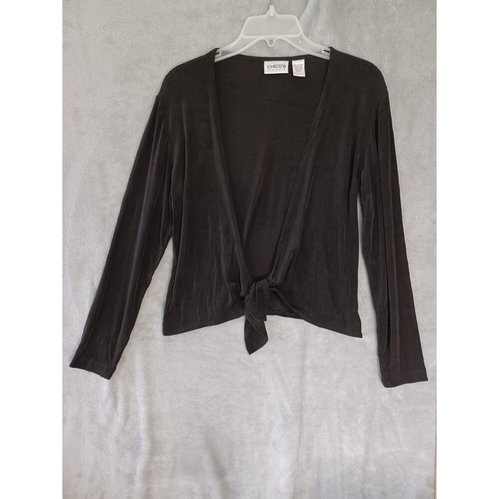 Chicos Travelers Sm Boho Casual Cardigan Brown Tie Front Liquid Knit Slinky